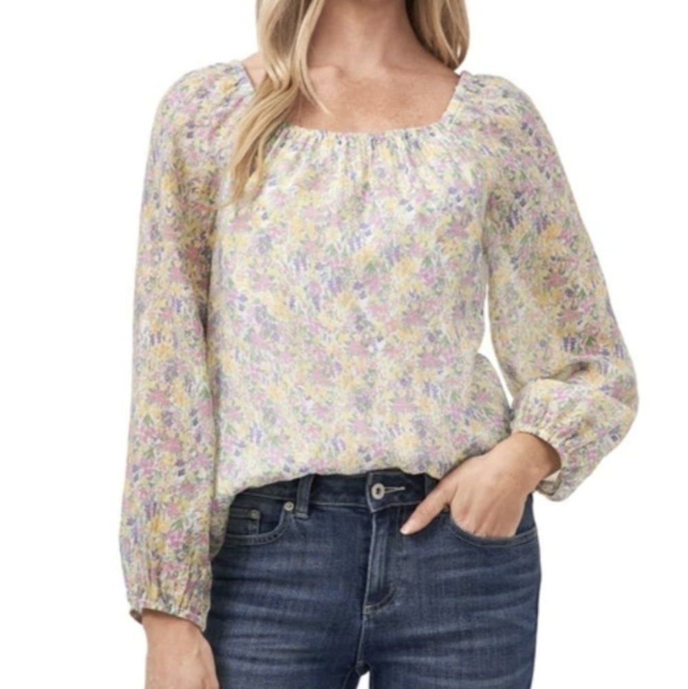 NWT Anthropologie CECE floral square neck Long Sleeve blouse top - Picture 2 of 9